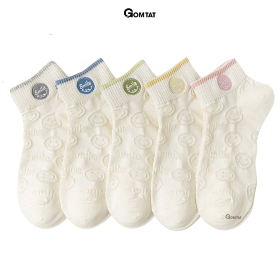 Set 5 đôi tất vớ nữ cổ ngắn GOMTAT họa tiết mặt cười chữ smile, chất liệu cotton cao cấp mềm mại thoáng khí - CB092