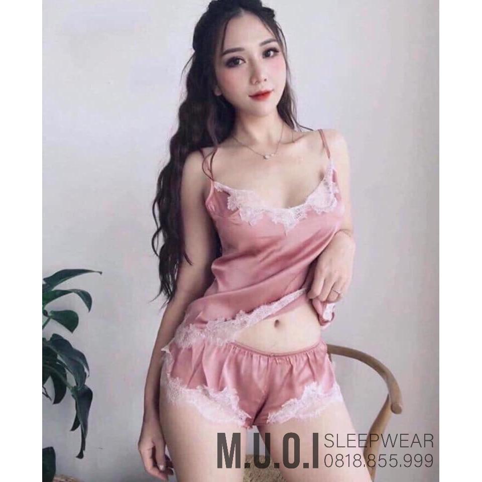 Váy ngủ sexy Quảng Châu - Sx 158 Bộ ngủ lụa satin MOCMIEM - QCCC - Muối Sleepwear