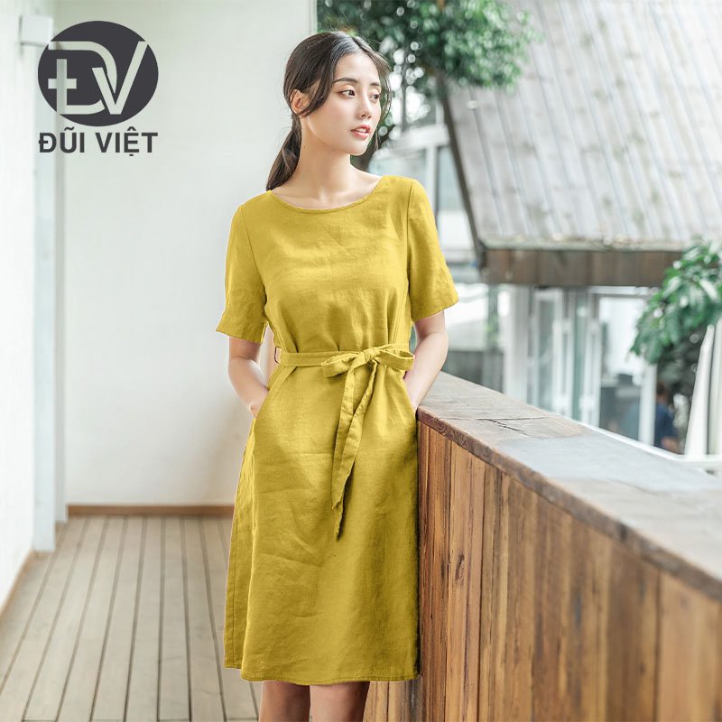 Đầm linen dáng suông 2 túi chéo Đũi Việt (Ảnh thật)