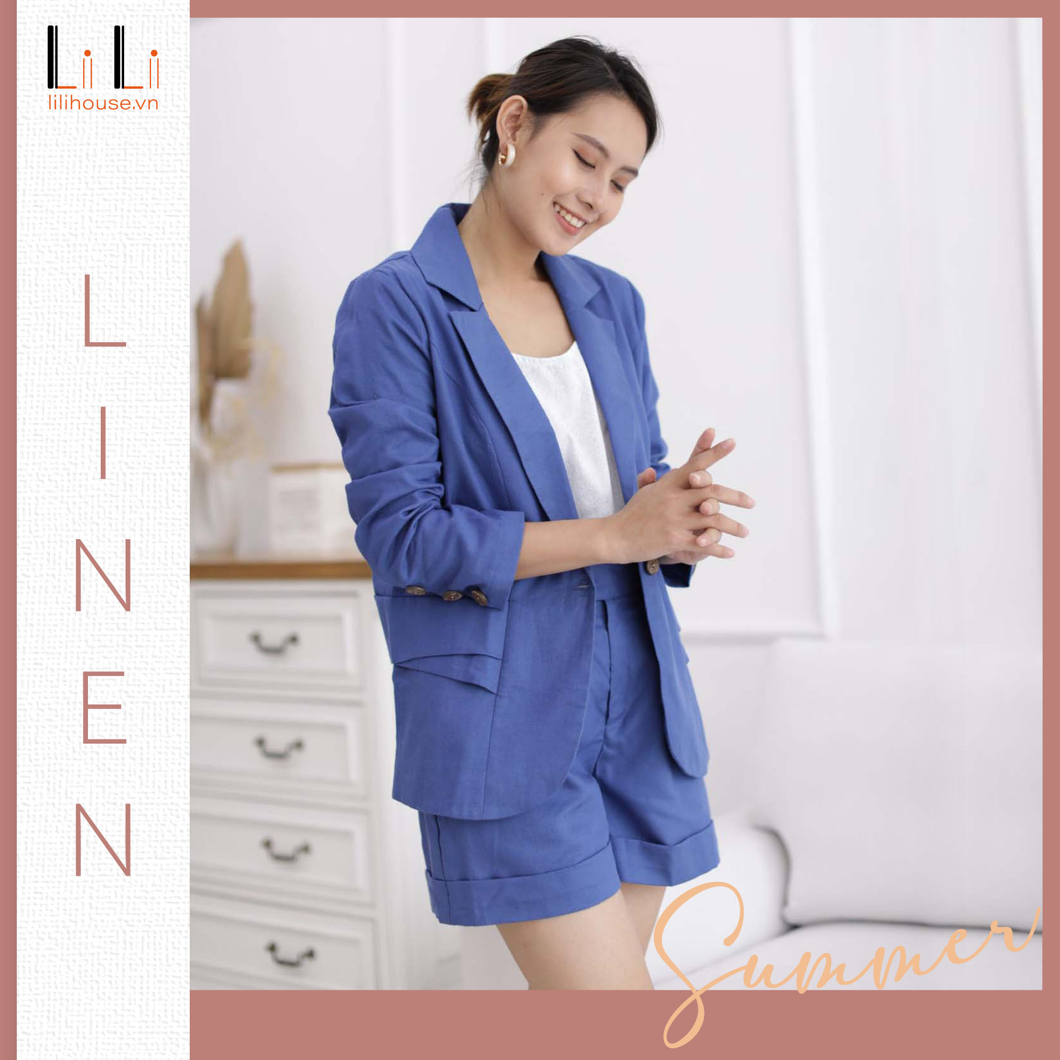 Set Vest, BLAZER nữ LINEN cao cấp - Màu Xanh Coban