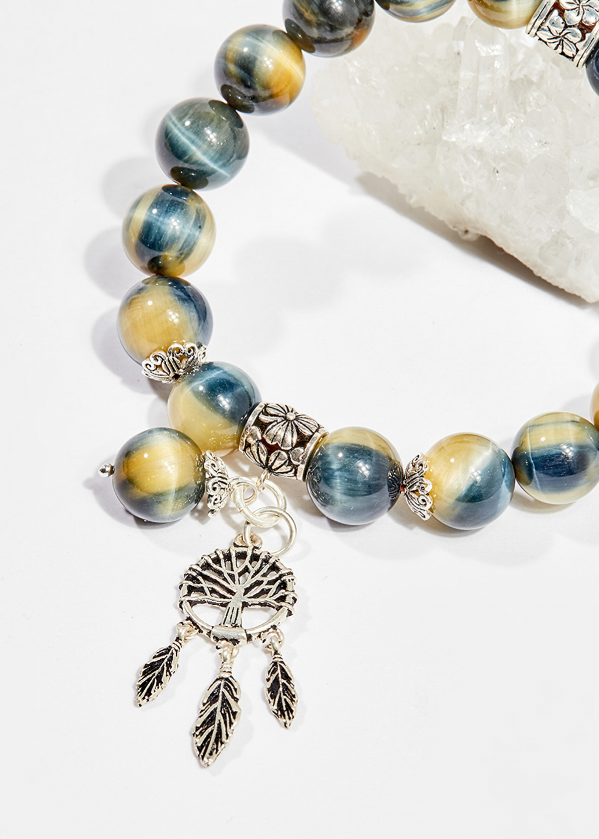 Vòng tay phong thủy đá mắt ưng charm dreamcatcher 10mm mệnh thủy , mộc - Ngọc Quý Gemstones