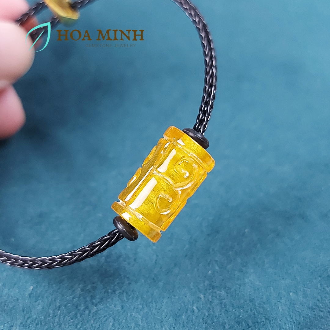 Vòng tay dây cáp phối lu thống Hổ Phách size 10x16.9 li chạm khắc vân mây may mắn