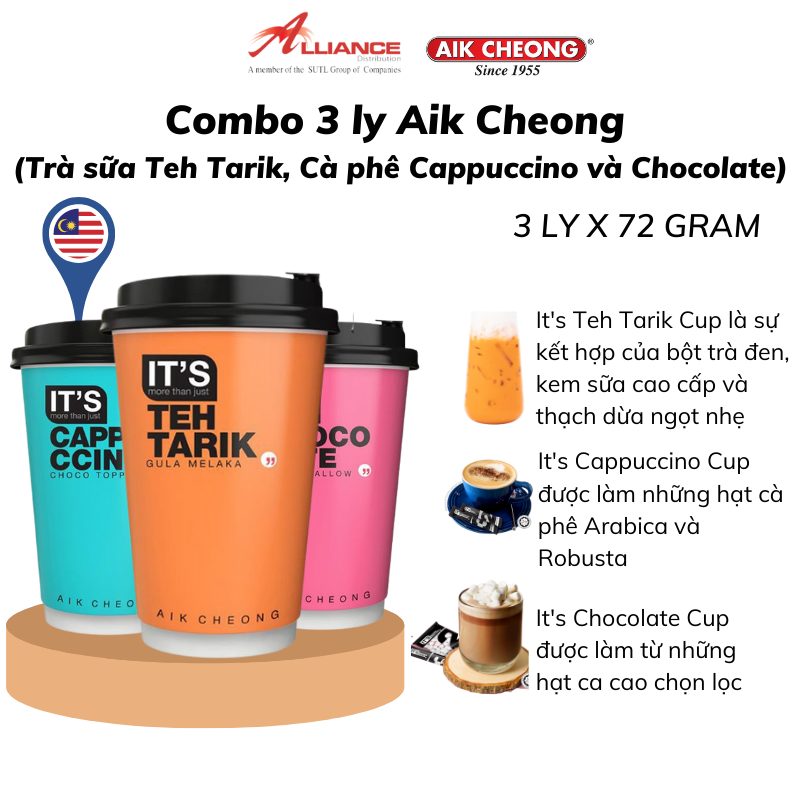 Combo 3 Ly Trà Sữa/ Cà Phê Aik Cheong Malaysia Tiện Dụng Kèm Topping (Trà Sữa Truyền Thống, Cappuccino, Chocolate)