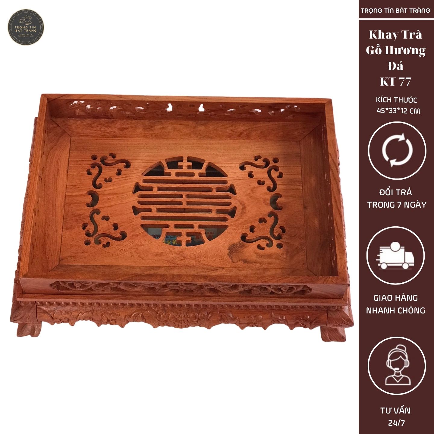 KT 77 Khay Trà Gỗ Hương Đá Chân Quỳ Kích Thước 45*33*12 Cm