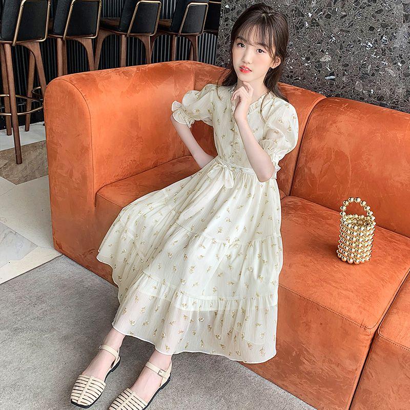 DONGSHOP HOT Váy bé gái mùa hè váy trẻ em hoa chiffon đầm 2023 bé gái lớn cô gái váy mùa hè siêu tiên