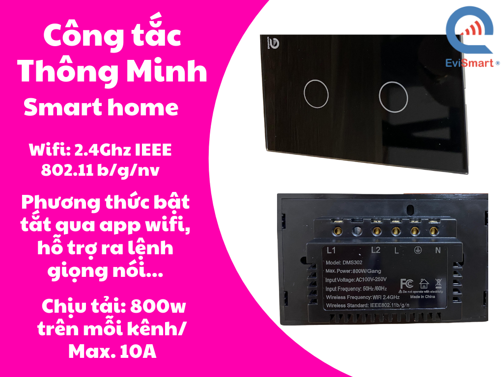 Công tắc cảm ứng thông minh Evismart, mặt kính cường lực, 2 nút bấm, màu trắng hoặc đen, sử dụng sóng wifi, điều khiển từ xa qua app Tuya