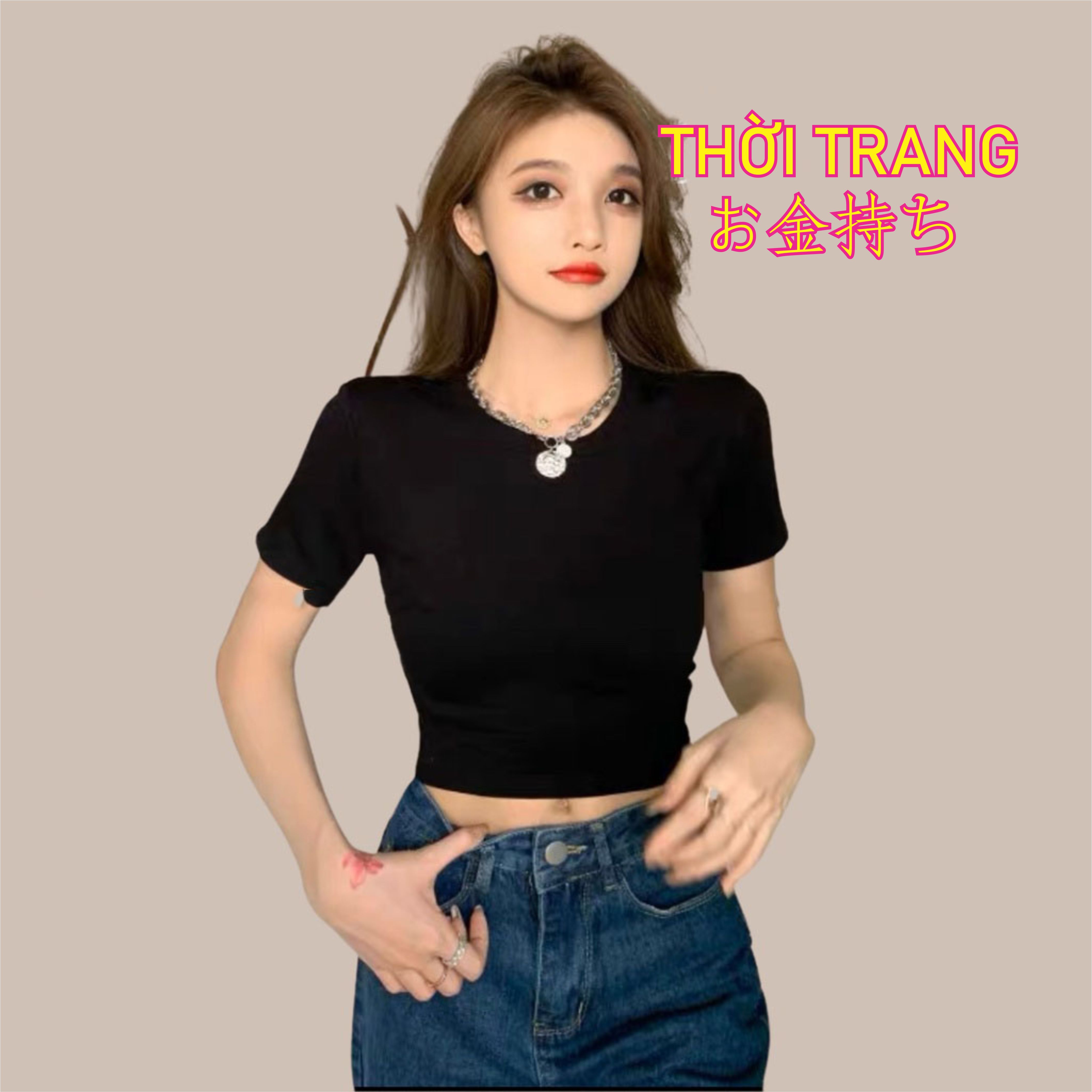 Áo Croptop Hottrend Tay Ngắn Màu Đen Trắng Cổ Tròn Vải Cotton Thun Ôm Body Co Giãn Tốt 313