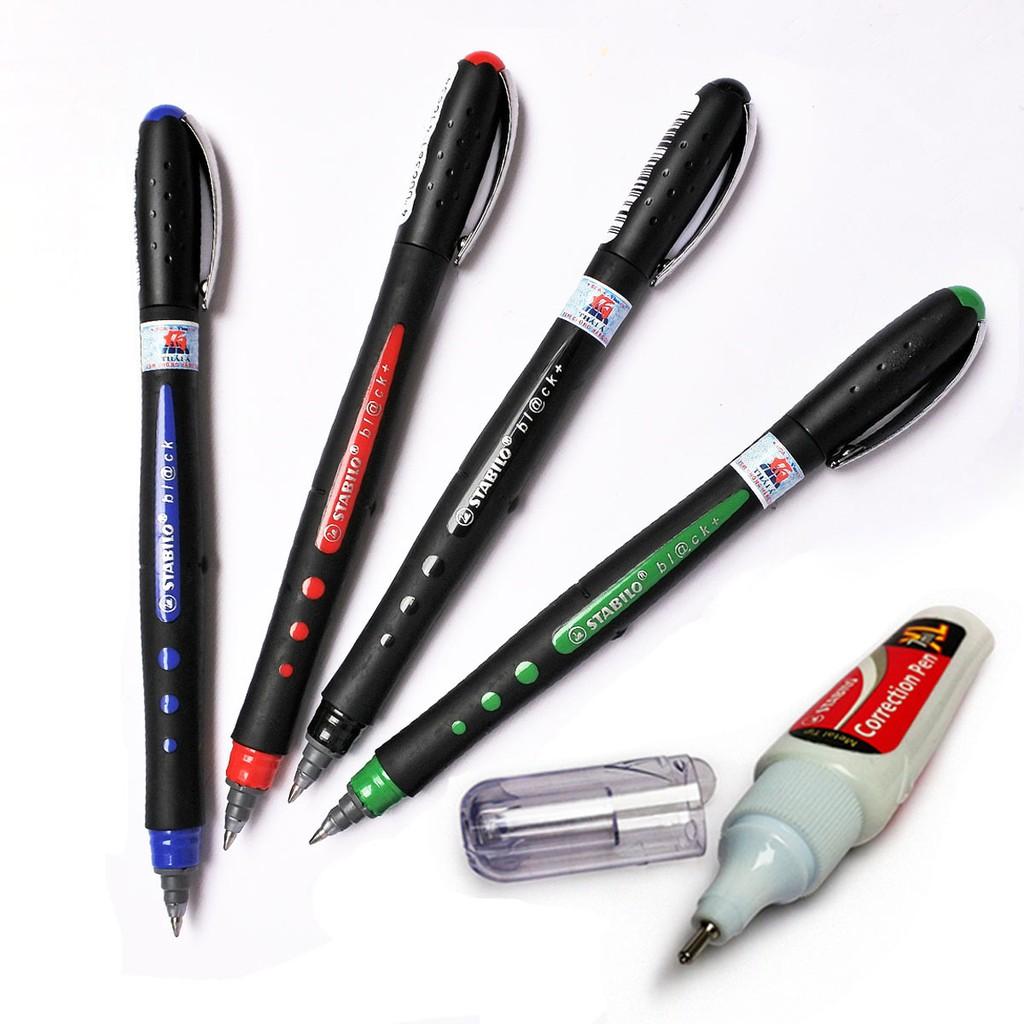 Bộ 4 cây bút bi STABILO Black F (xanh lá+xanh+đỏ+đen) + bút xoá Correction Pen CPS88