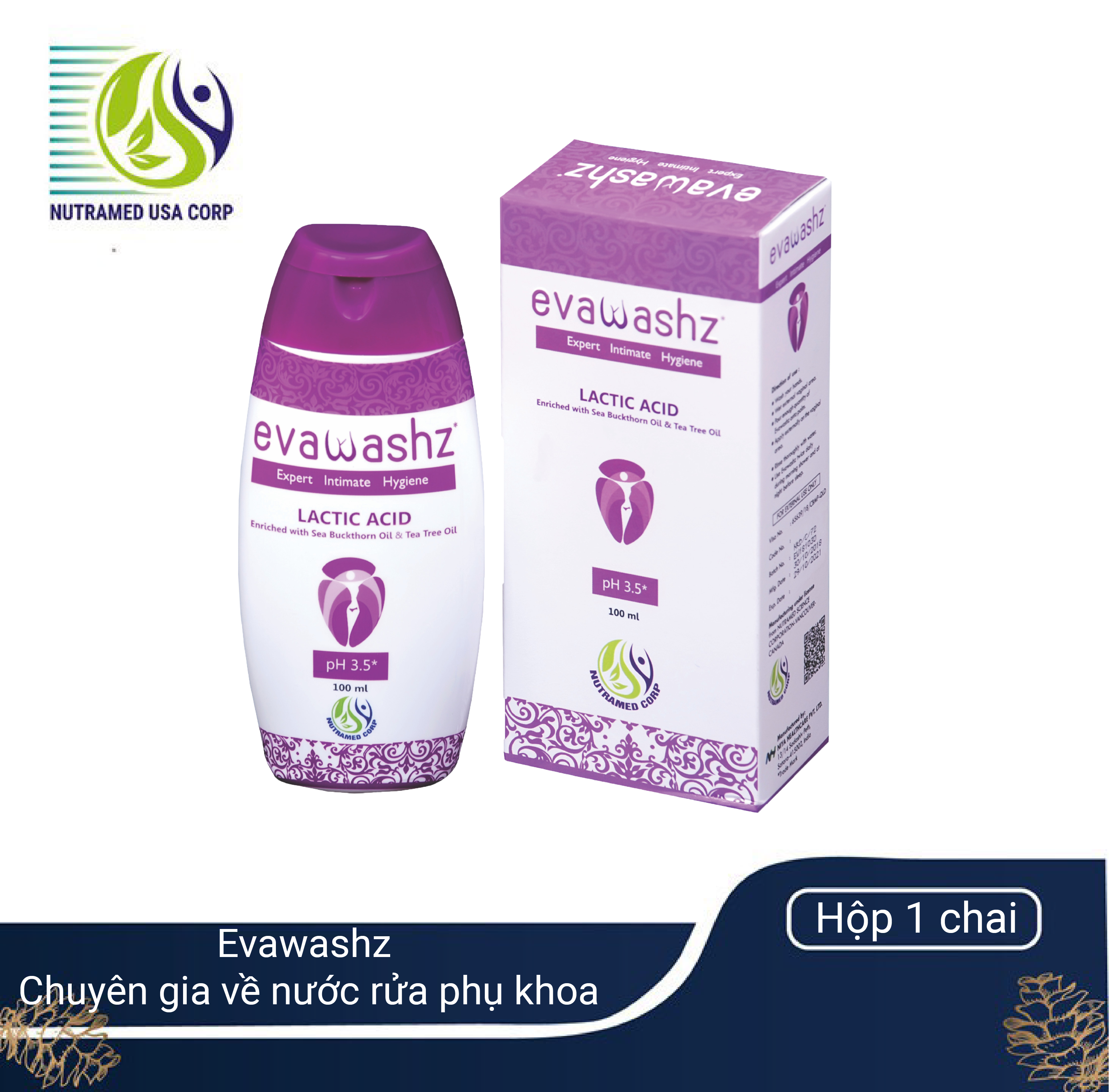 EVAWASHZ [Chai 100 ML] - Chuyên gia về nước rửa phụ khoa -  Nhà máy liên doanh với Medinej - USA và đạt chuẩn GMP - WHO