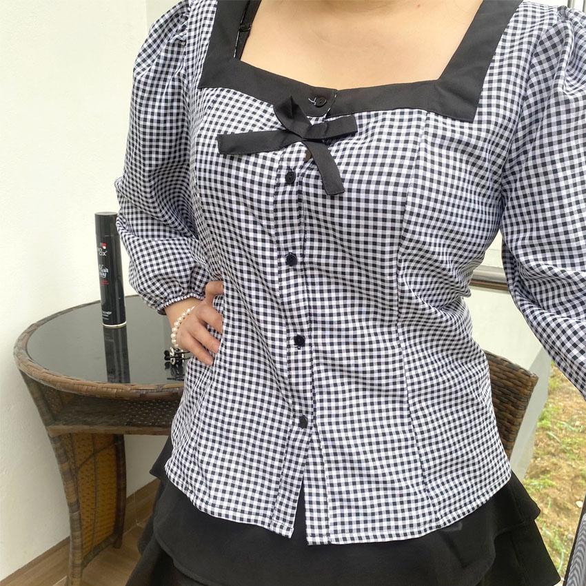 Áo bigsize caro cổ vuông nơ ngực chubbybigsize