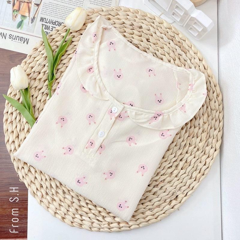Bộ đồ ngủ nữ bèo dễ thương, bộ đồ pizama có thể mặc như bộ bầu hoặc bộ sau sinh