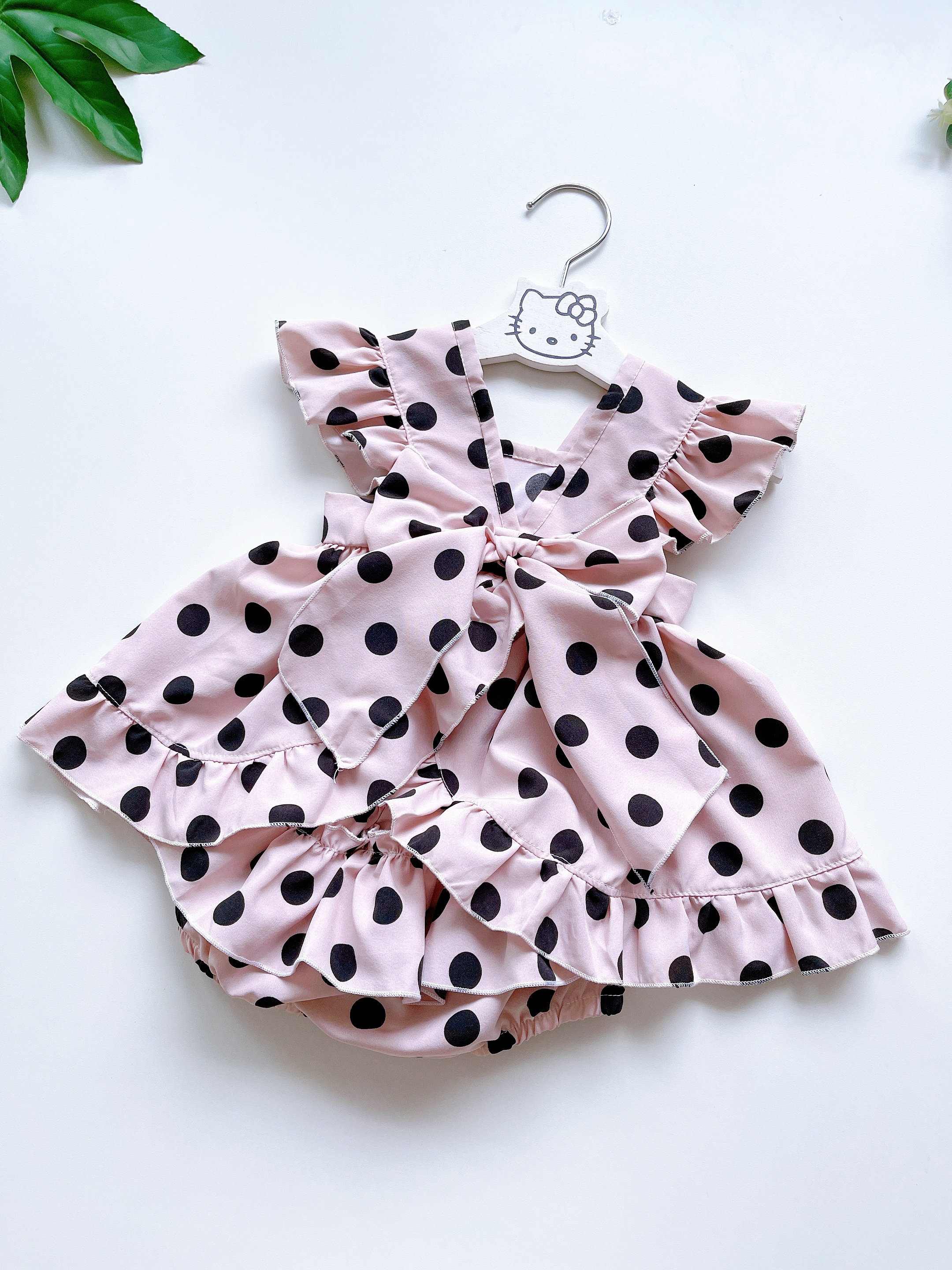 Bộ Váy Chấm Bi Bé Gái Sơ Sinh Đến 12kg, Đầm Lolita Bé Gái Chất Đũi + Lụa Mát Rượi