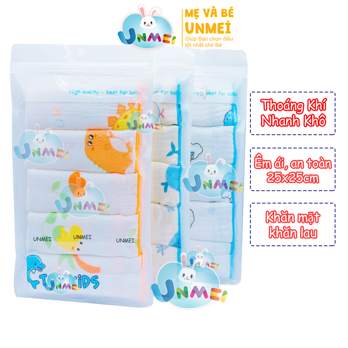 Set 5 Khăn Sữa, Khăn Xô Sữa Muslin TOP KIDS 4 lớp thấm hút,mềm mại dành cho sơ sinh (size 25x25cm)- tại UNMEI
