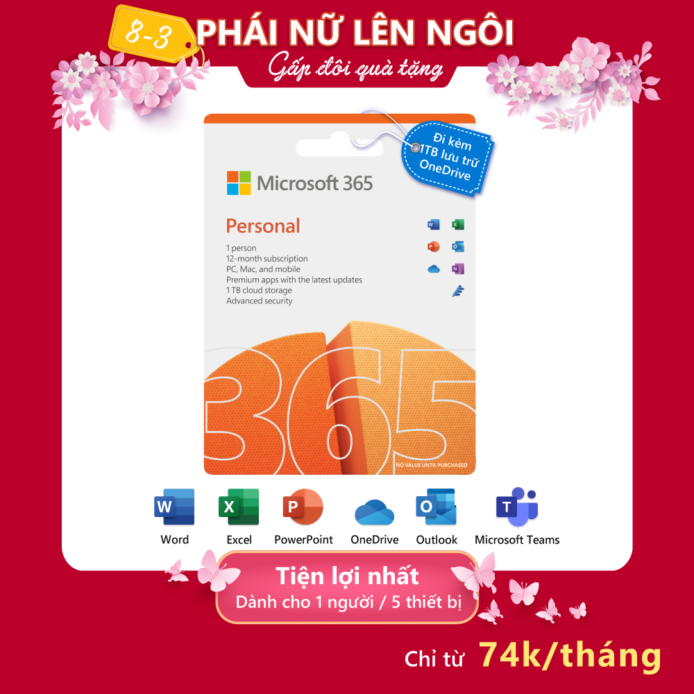 Phần mềm Microsoft 365 Personal English APAC EM Subscr 1YR Medialess P8 (QQ2-01398) / P10 (QQ2-01896) - Hàng Chính Hãng