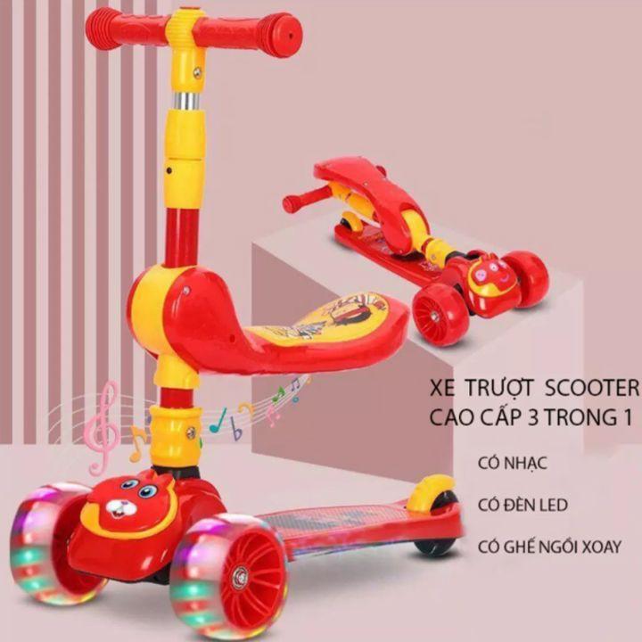 Xe Scooter, Xe Trượt Gấu Cho Bé Bánh Có Đèn ,Có Nhạc, có ghế