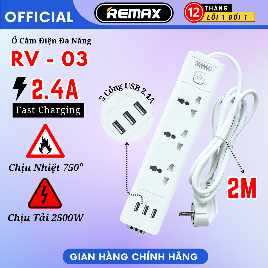 Ổ cắm điện đa năng Remax có 3 cổng USB Remax RV-03 lỗ cắm tải 2500W an toàn chống giật, chịu nhiệt - Hàng Chính Hãng