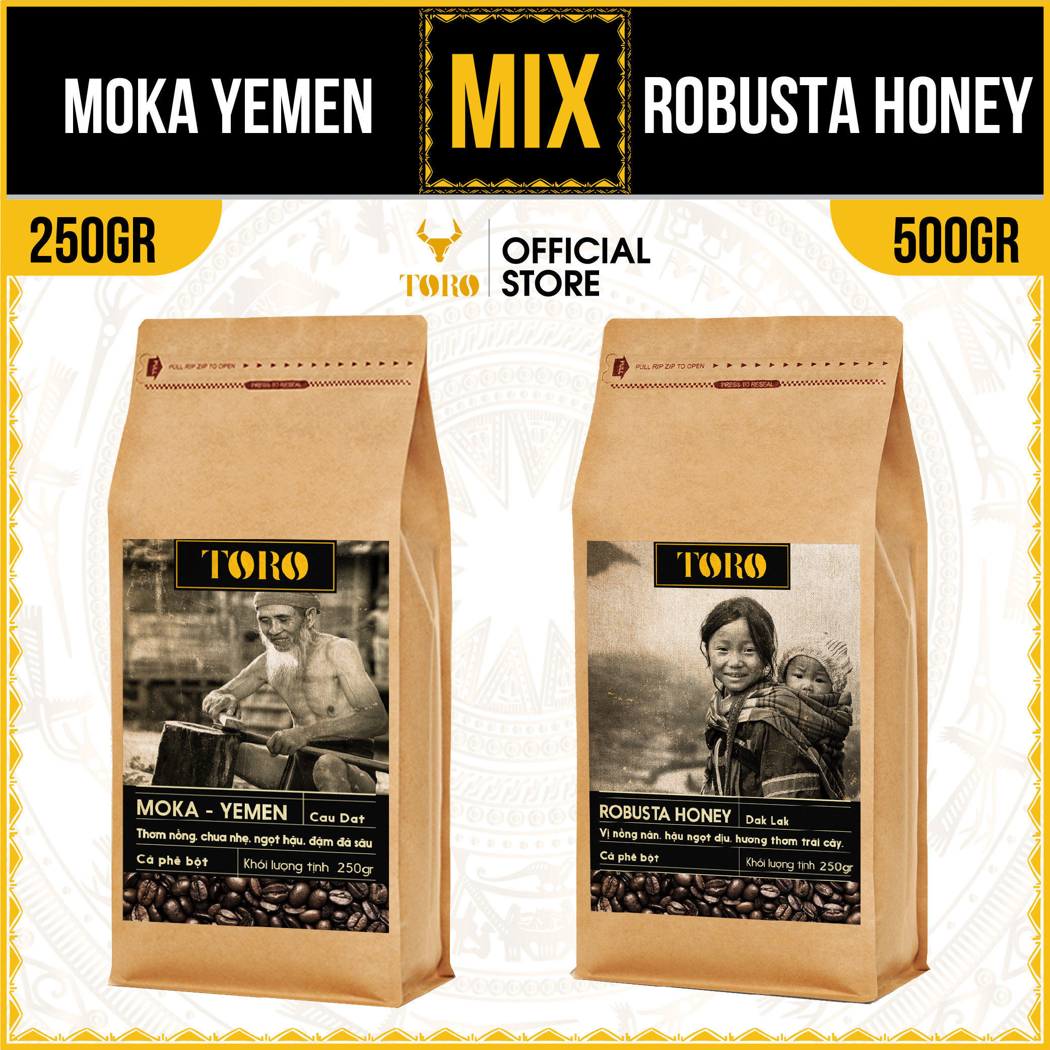 Bộ Mix Cà Phê Bột Toro Moka Yemen & Toro Robusta Honey Nguyên Chất 100% | 250GR & 500GR/Gói | TORO FARM