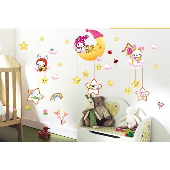 Decal trang trí tường - Thỏ Trắng đáng yêu vui chơi cùng Trăng Sao