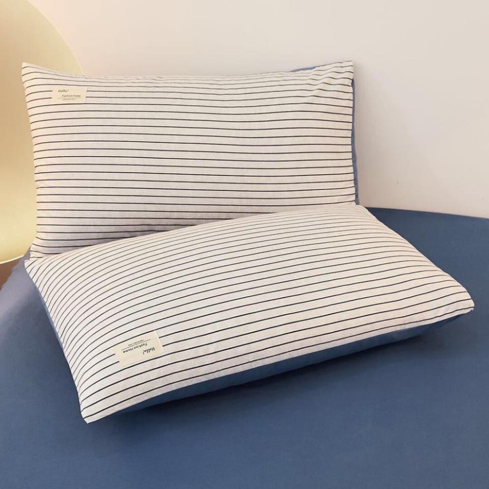 Bộ chăn ga gối Cotton TC Nhà Nhím Chăn ga gối kẻ sọc caro 4 món