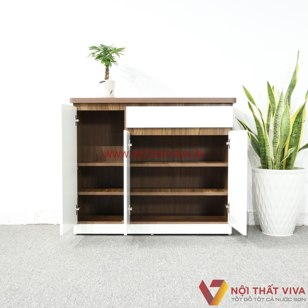 Tủ Giày Dép Gỗ MDF Melamine Màu Óc Chó Cánh Trắng Đẹp Giá Rẻ