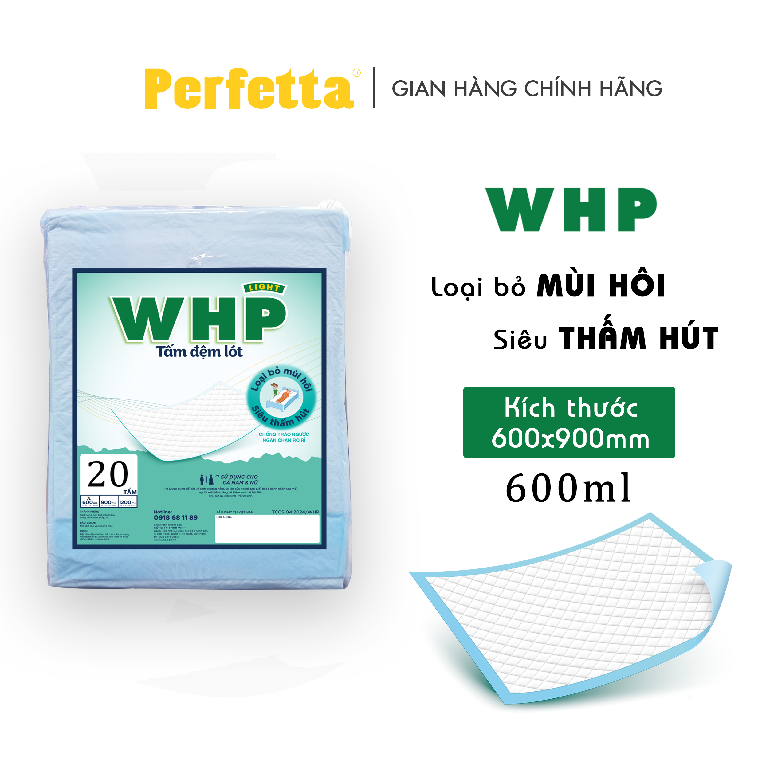 Tấm Đệm Lót WHP Underpad, Siêu Thấm Hút, Chống Trào Ngược, Khử Mùi Hiệu Quả Size 60x90 cm (20 miếng/túi)