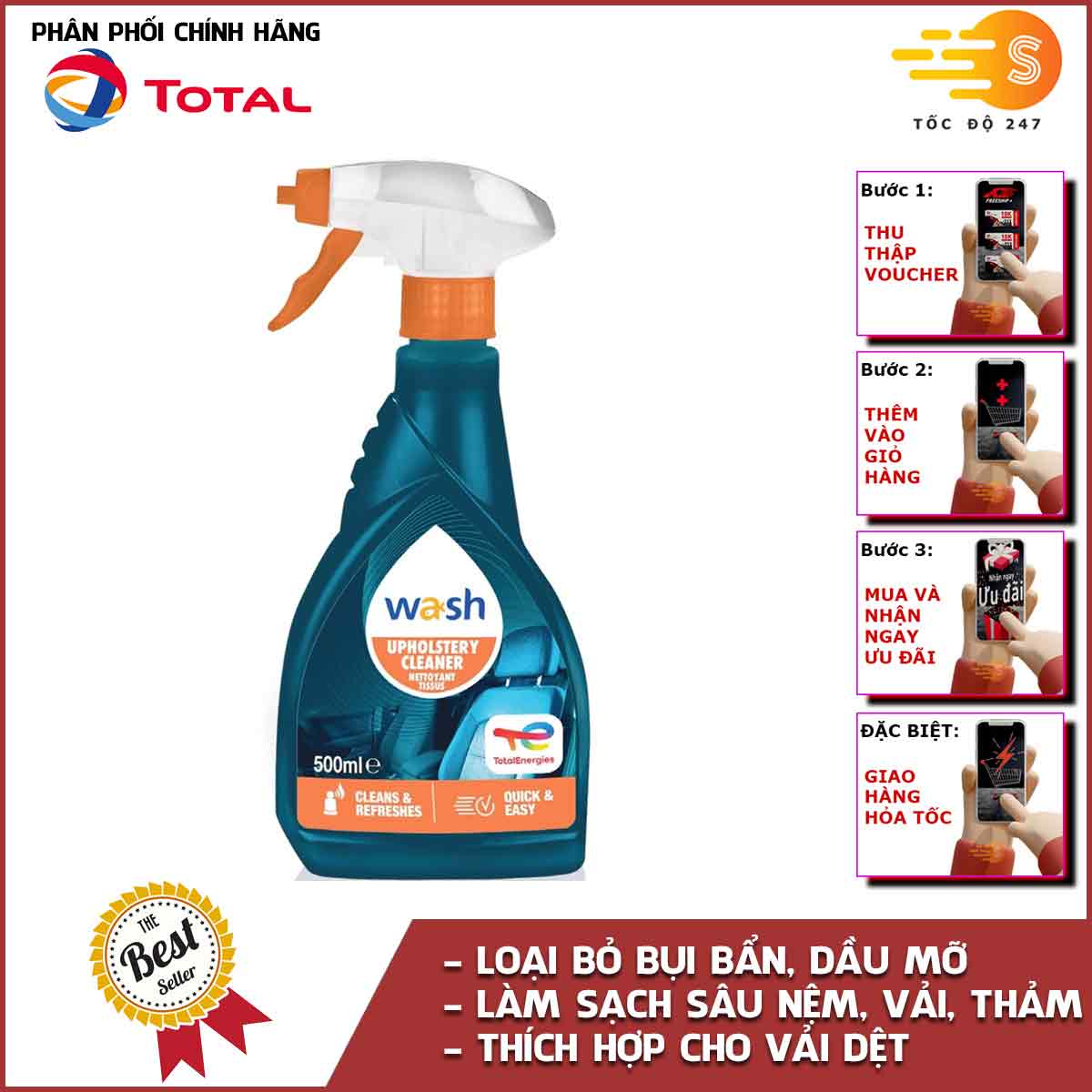 Dung dịch vệ sinh ghế, thảm, vải xe ô tô Total Energies TE-UC500 500ml - làm sạch thảm cao su, ghế nỉ, vải dệt