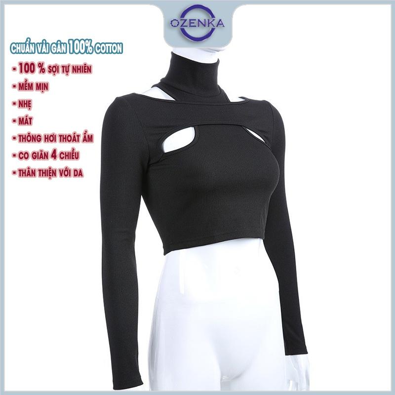 Áo croptop tay dài cổ cao hở vai ôm nữ OZENKA , áo crt kiểu hàn quốc 100% cotton đen trắng dưới 55 kg