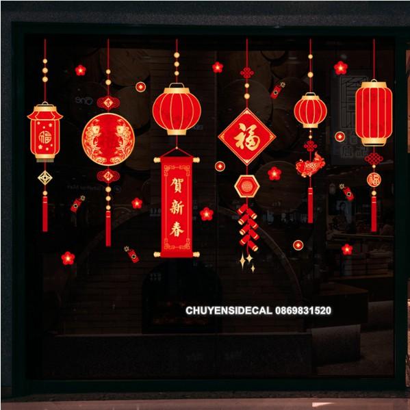 Decal trang trí tường Tết - Rèm lồng đèn sắc nét