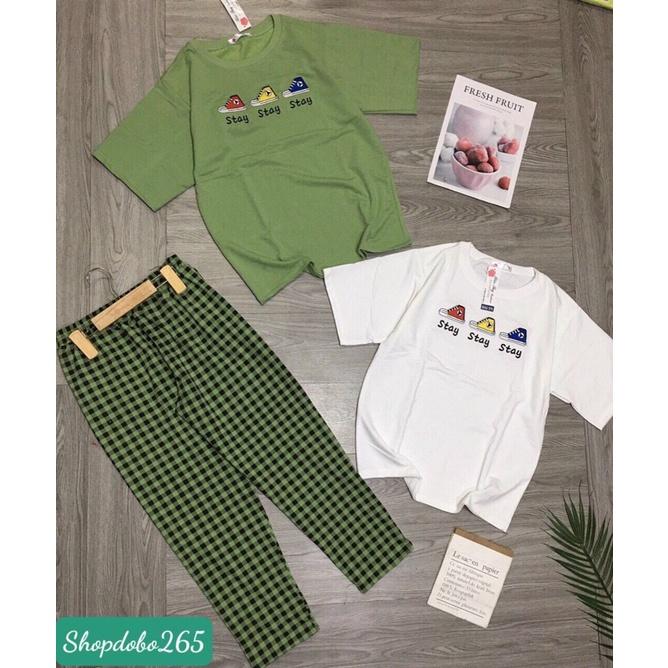 Đồ bộ nữ,đồ ngủ mặc nhà lửng áo thun cotton phối quần kaki họa tiết dễ thương.