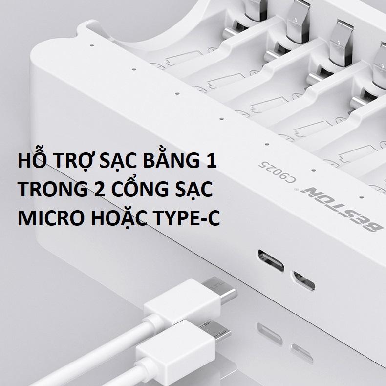 Bộ Sạc pin 12 khe AA AAA Beston C9025 sạc nhanh, tự ngắt khi đầy, đèn LED báo thông minh, dùng cho micro ,remote,đồ chơi