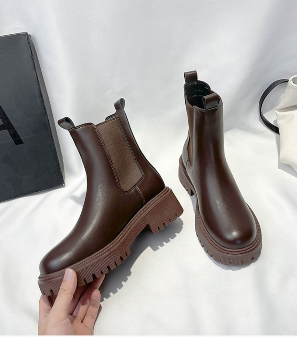 [ Size 35- 40] Giày boot nữ cổ thun ngắn ĐẾ DẦY màu nâu ĐƠN GIẢN GBN122C