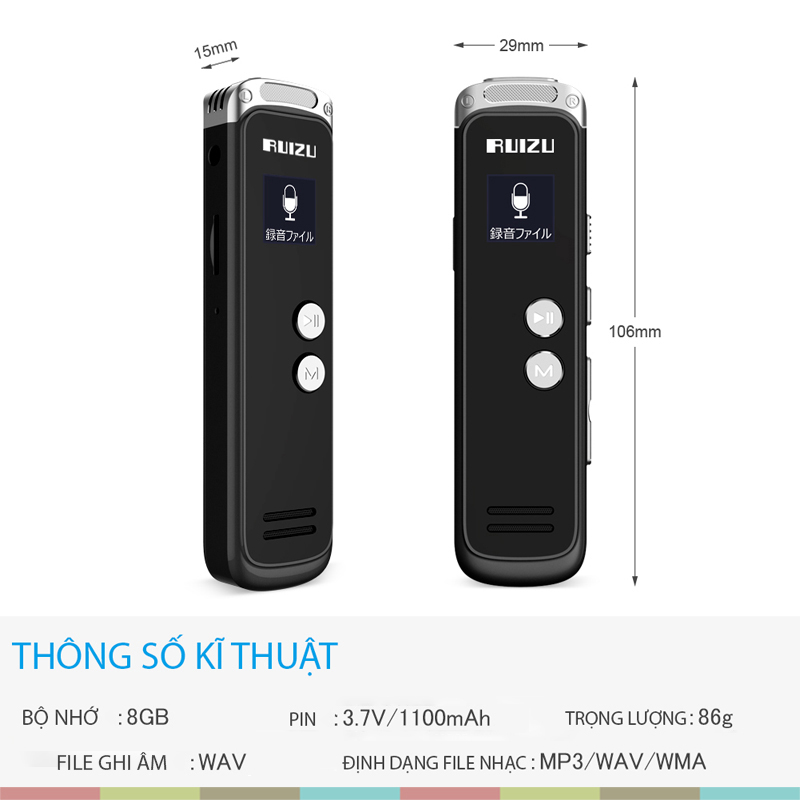 Ruizu K69 - Máy Ghi Âm Stereo, Ghi Âm Liên Tục 60 Giờ - Hàng Chính Hãng