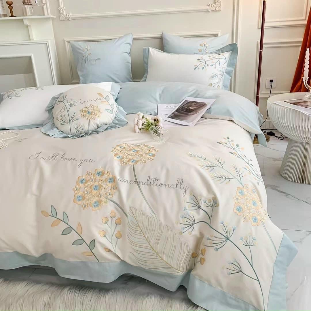 Bộ Chăn Ga Gối Đệm 5 Món Chăn Phao Lụa Sateen 80s Hin Home Bedding Drap Giường Cao Cấp