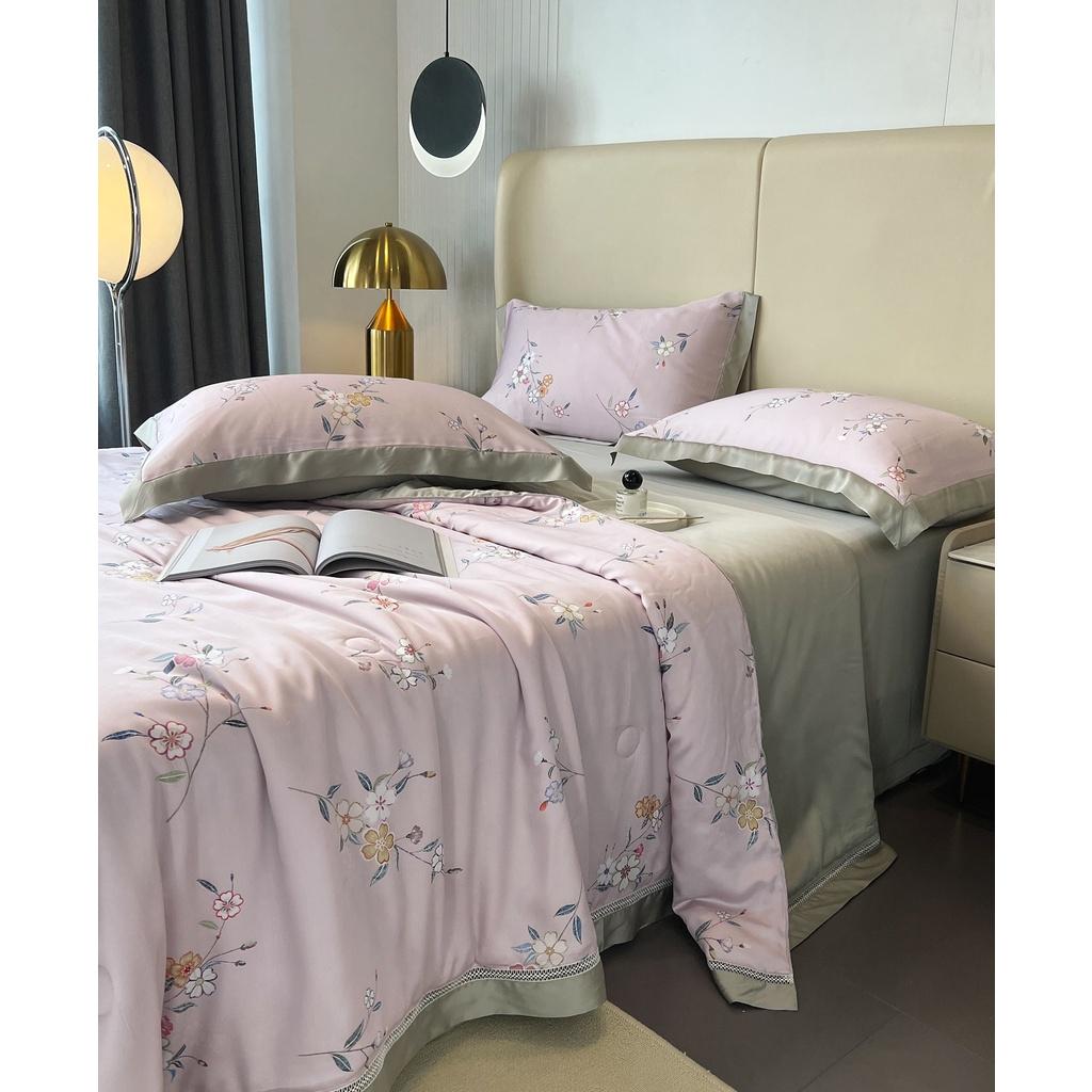 Bộ chăn ga gối cao cấp 100%Tencel 100s Digital Print, Set 4 món chăn chần hè phối ren siêu mềm mát mịn