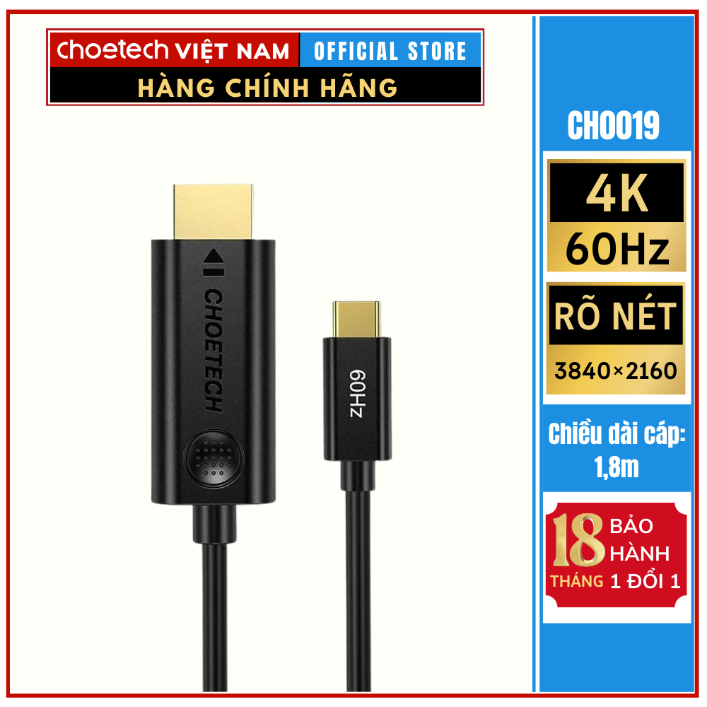 Cáp chuyển Choetech CH0019 Type C sang HDMI 2.0 dài 1.8M (Hàng chính hãng)