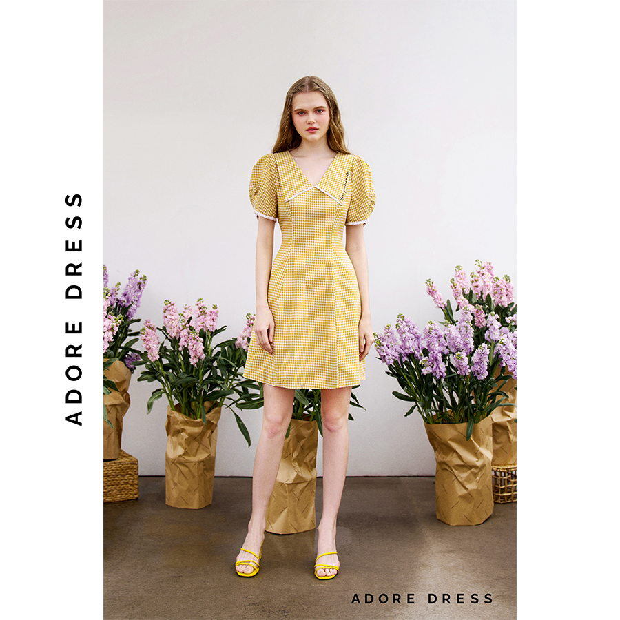 Đầm mini dress thô mềm karo vàng thêu cổ 311DR1096 ADORE DRESS