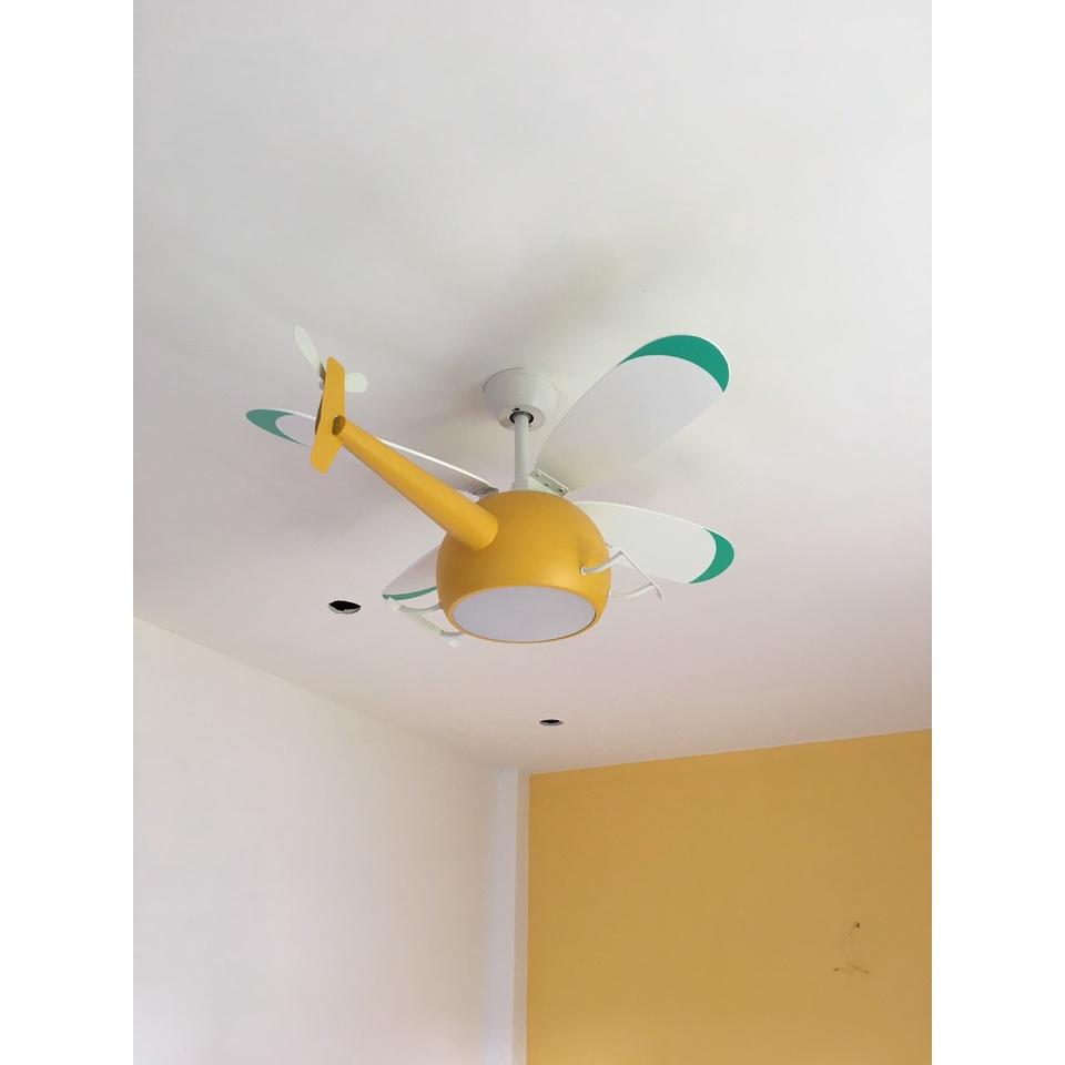 Quạt trần đèn máy bay trực thăng lõi đồng trang trí phòng cho bé,nhà hàng,quán cafe,động cơ Dc đèn led 3 màu ánh sáng