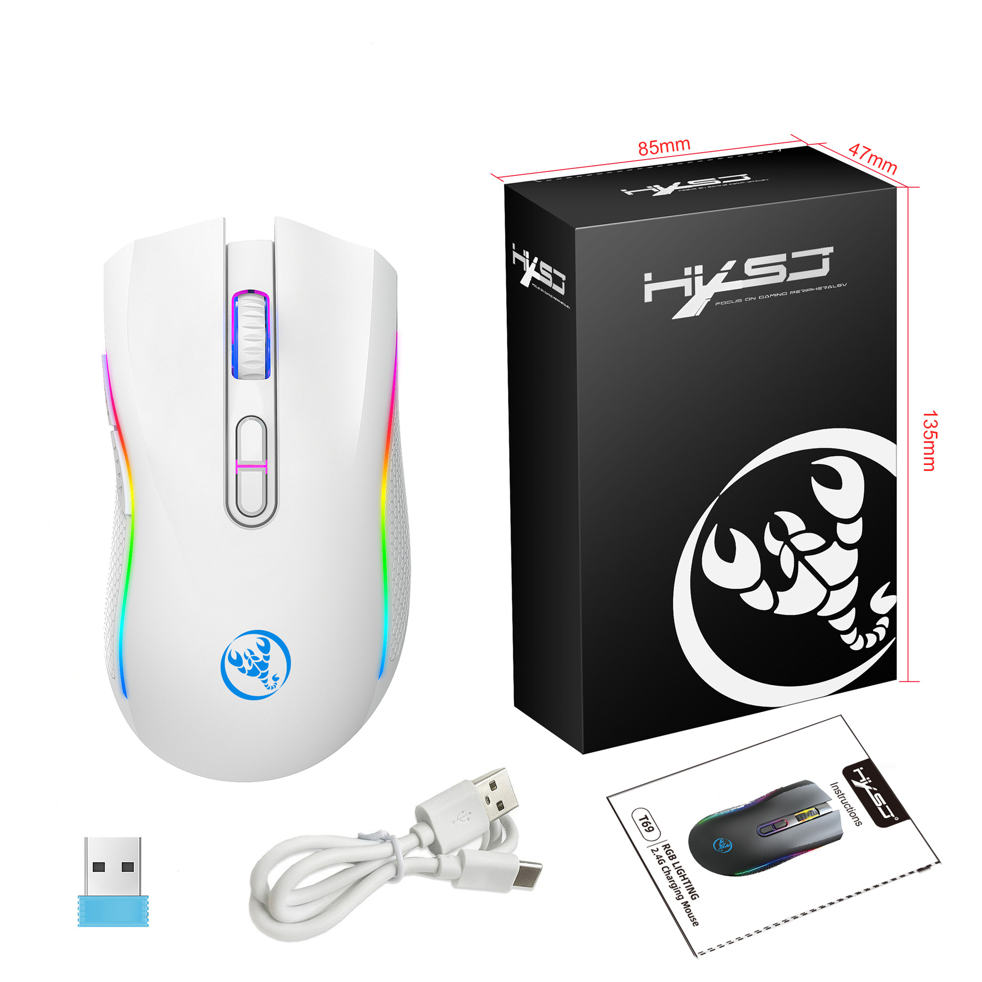 Chuột Không Dây Pin sạc T69 Gaming led RGB Cổng sạc TypeC chống mỏi cổ tay cho máy tính laptop hàng nhập khẩu
