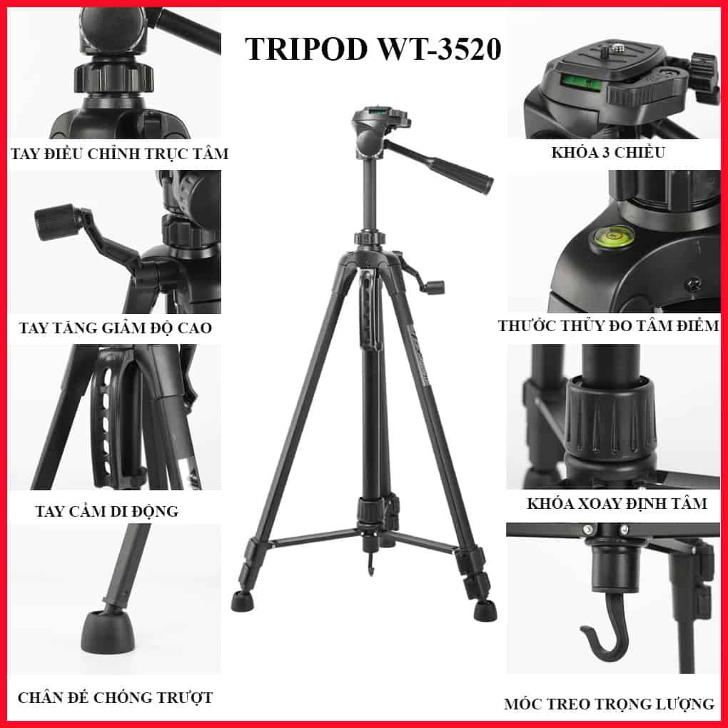 Tripod máy ảnh, điện thoại Weifeng WT-3520, khung nhôm cao cấp tải trọng 3kg, có túi đeo, tặng kèm kẹp điện thoại