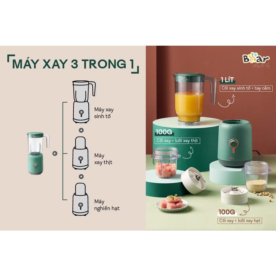 Máy xay sinh tố 3 cối 3 in 1 đa năng Bear LLJ-C10P1 (BL-B10V2), xay thịt, thực phẩm đa năng , bảo hành chín hãng 12 tháng - Hàng chính hãng