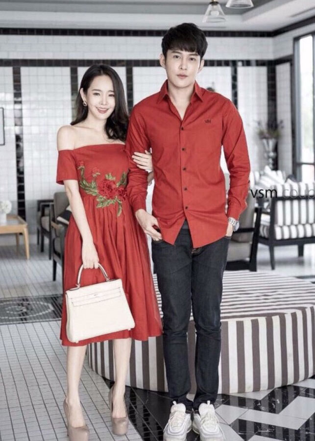 Bộ áo váy đôi sơ mi nam nữ màu cam AV189