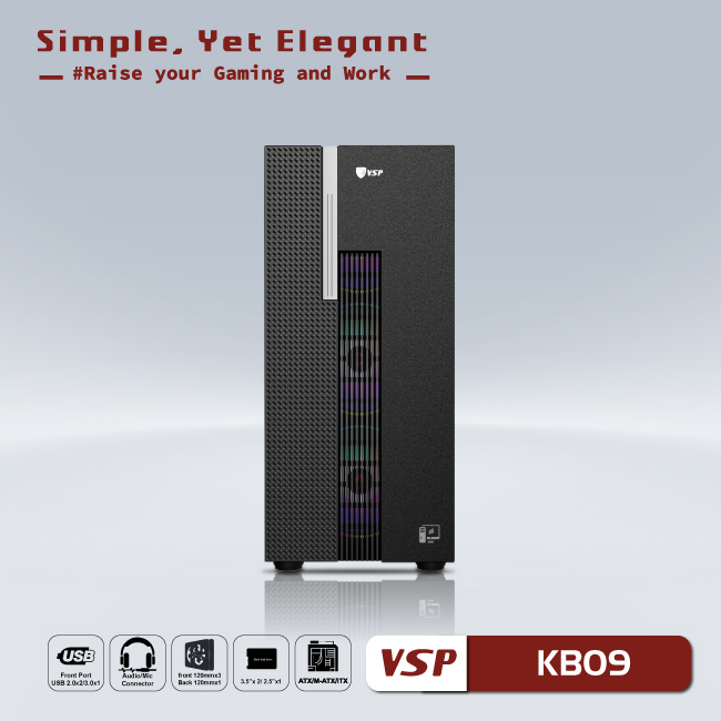 Vỏ máy tính Case VSP KB09 [ĐEN] Gaming kính cường lực (Không kèm Fan, ATX/M-ATX/ITX) - Hàng chính hãng VSP phân phối