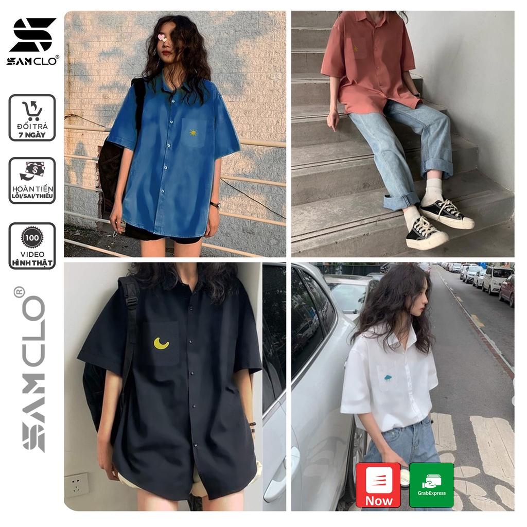 Áo sơ mi nữ SAM CLO cổ bẻ tay ngắn có túi - lỡ ulzzang form freesize dáng rộng unisex mặc cặp, nhóm, couple HÌNH THÊU