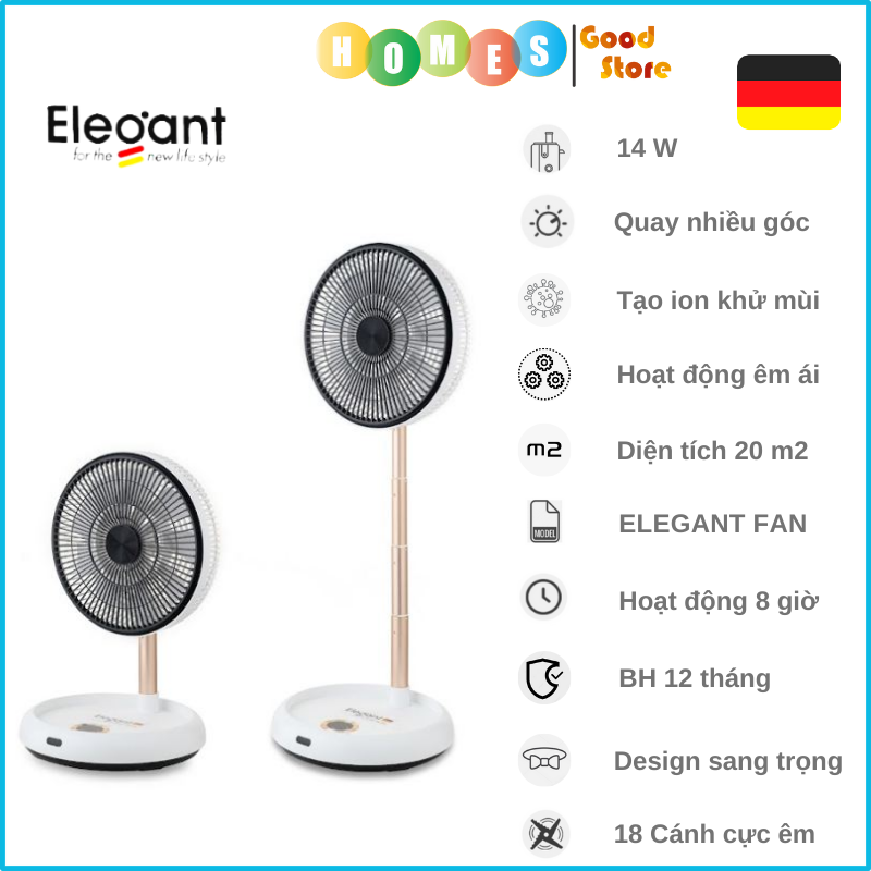 Quạt Tích Điện Gấp Gọn Elegant - Thương Hiệu Đức  Có Remote Sử Dụng 8 Giờ Sạc 2.5 Giờ Công Suất 14 W - Hàng Chính Hãng