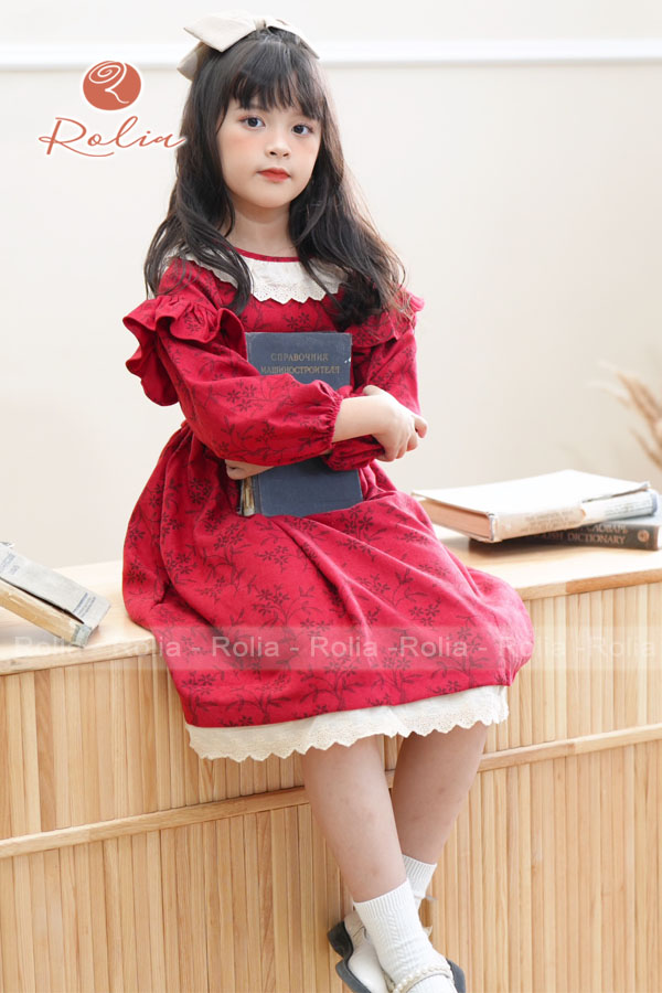 Váy nhung hoa nhí ROLIA chất nhung in hoa mặc tết cho bé gái từ 9-42kg - V48