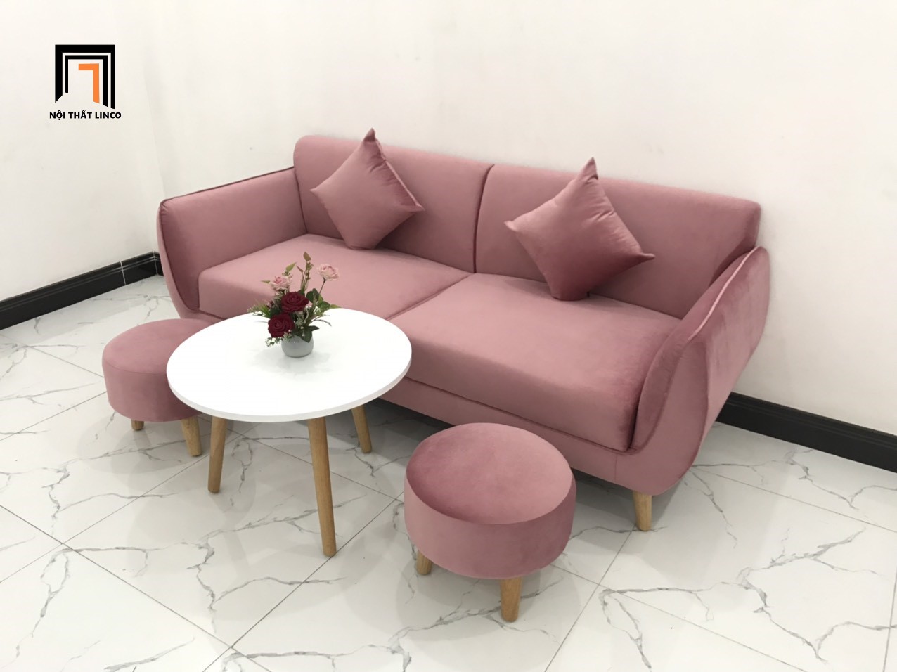 Bộ bàn ghế sofa phòng khách hồng cánh sen vải nhung nhiều kích cỡ