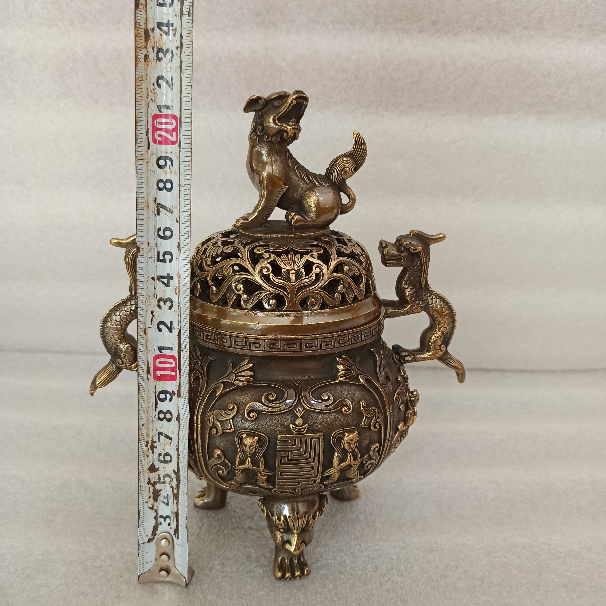 Đỉnh lư đồng xông trầm cao 23cm hàng VIP, đỉnh lư đồng đốt trầm hương cỡ đại hoa văn đồng tử cầu phúc