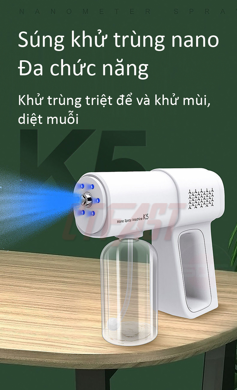 Thiết bị phun khử trùng nano cầm tay CTFAST - 05 : Máy phun khử trùng gia đình tích điện không dây kết hợp ánh sáng xanh an toàn, khử trùng, diệt khuẩn, đuổi muỗi