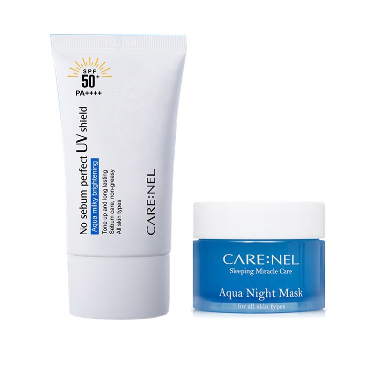 Combo Chống nắng vật lý Carenel No Sebum Perfect UV Shield SPF50+/PA++++ và ủ mặt Carenel Aqua Night Mask