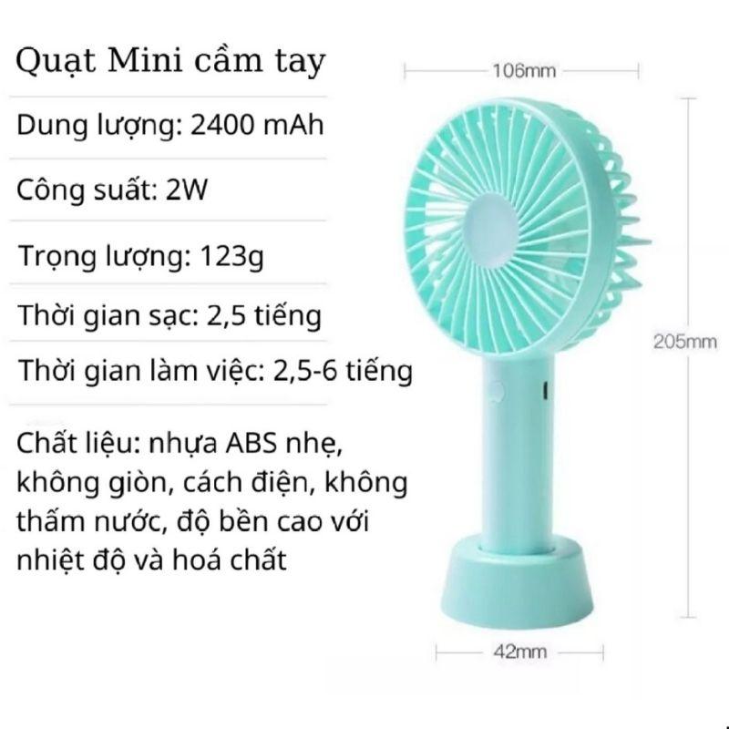 Quạt Mini Cầm Tay Tích Điện 3 Chế Độ Gió Có Chân Đế Quạt Sạc Tích Điện USB Mini -Kèm Dây Sạc, Pin, Đế